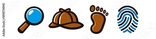 Detective icons: magnifying glass, hat, footprint, and fingerprint on white background