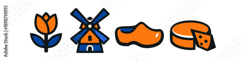 Iconic Dutch symbols: tulip, windmill, clog, and cheese in orange and blue