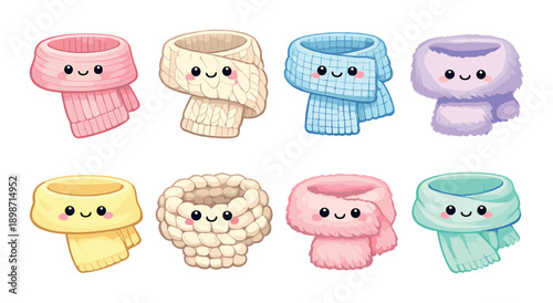 Cute kawaii scarves with faces in various colors and textures