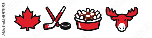 Iconic Canadian symbols including maple leaf, hockey, poutine, and moose