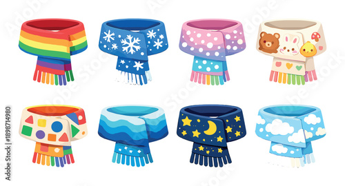 Colorful cartoon scarves with various fun patterns and designs