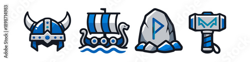 Viking symbols including helmet, ship, rune stone, and Thor's hammer