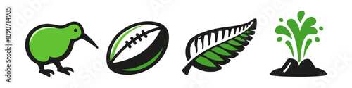 New Zealand iconic symbols: kiwi, rugby ball, fern, and geyser icons