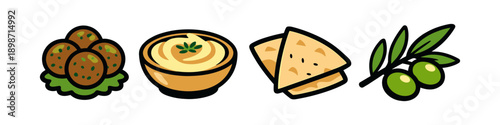 Middle Eastern food icons: falafel, hummus, pita bread, and olives