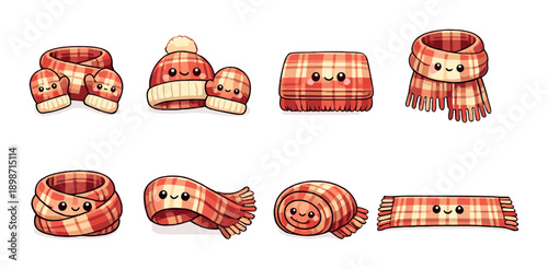 Cute cartoon red plaid winter accessories with smiling faces
