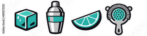 Set of stylized cocktail making tools including ice, shaker, lime, and strainer
