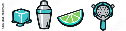 Set of cocktail making tools: ice cube, shaker, lime slice, and strainer