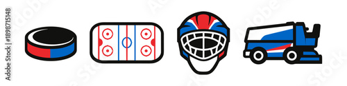 Collection of ice hockey equipment and rink maintenance vehicle icons