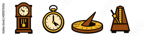 Collection of vintage timekeeping devices including grandfather clock, pocket watch, sundial, and metronome