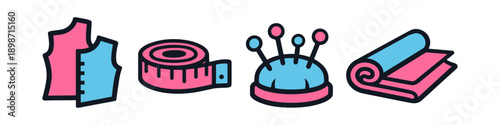 Set of sewing and tailoring icons including fabric, measuring tape, and pincushion