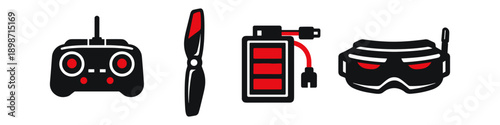 Drone racing accessories icons: remote, propeller, battery, and goggles