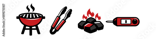 Barbecue grill, tongs, charcoal, and thermometer icons for outdoor cooking and grilling