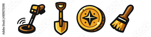 Treasure hunting tools: metal detector, shovel, coin, and brush for discovery
