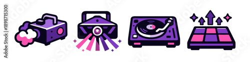 Party equipment icons: fog machine, laser projector, turntable, and dance floor