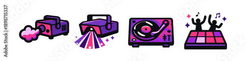Party equipment icons: smoke machine, laser light, turntable, and dancing figures
