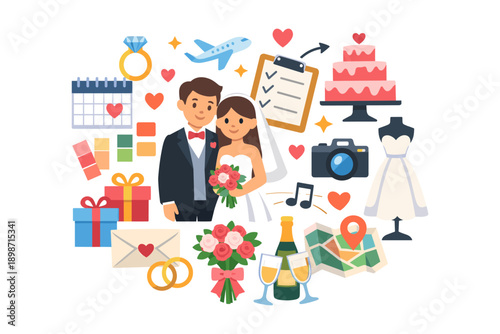 Wedding planning and celebration elements arranged around a happy couple