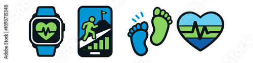 Health and fitness icons: smartwatch, running app, footsteps, and heart rate monitor