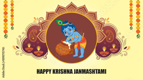 Joyful Janmashtami: A festive illustration of the divine deity, Krishna, celebrating the joyous festival of Janmashtami, embodying the spirit of devotion and festivity. 