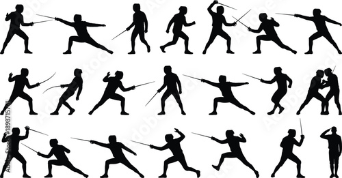 Archery athlete action silhouettes collection, archers running aiming shooting dynamic motion poses, black sport figures isolated on gray background illustration