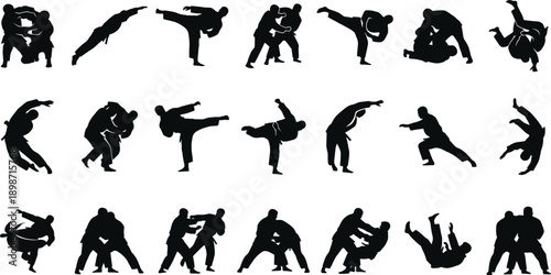 Abstract falling human silhouettes set, people tumbling curling rotating freefall motion poses, black figures pattern isolated on gray background illustration