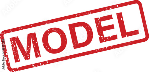 A vibrant red rubber stamp with the capitalized word MODEL presented diagonally on a clean white background