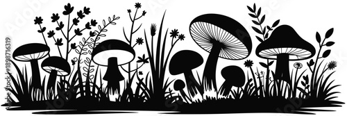 A striking black and white illustration depicting a forest floor with mushrooms and foliage