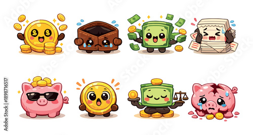 Cute cartoon currency characters: coins, wallets, and banknotes with expressive faces