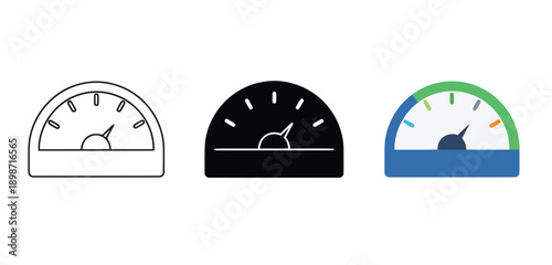 Speedometer Gauge icons Vector Set in Line Art, Silhouette and Color Style