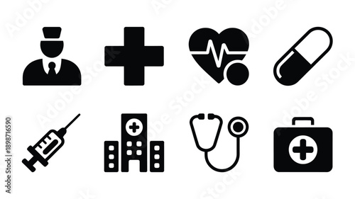 Black medical icons depicting healthcare symbols a doctor and hospital equipment