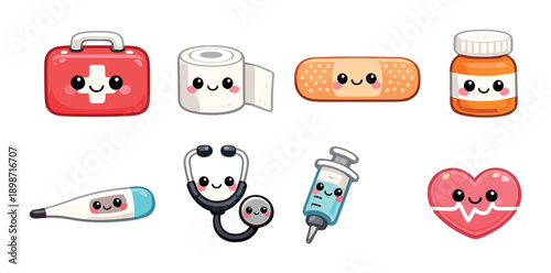 Cute medical icons featuring bandage, syringe, and stethoscope with adorable faces