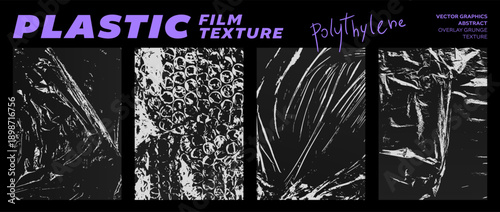 Grunge set of plastic film textures. Crumpled old polyethylene packaging. Stretched, torn, wrinkled cling film, bubble wrap for brutalism design. Abstract graphics for template, mockup, overlay effect