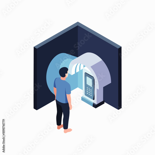 Man standing in front of a futuristic ATM or kiosk with a glowing interface, technology concept