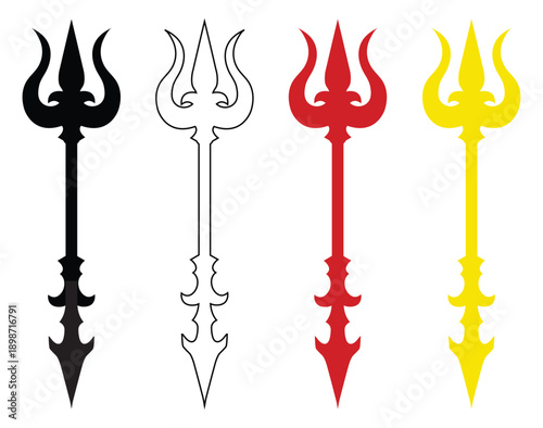 Black Silhouette Set of Hindu Trident Icons, silhouette vector set symbols isolated on white background for Lord Shiva worship or yoga design.