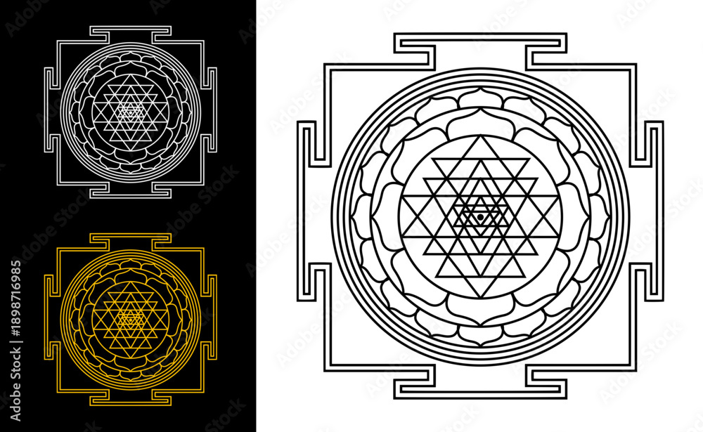 Fototapeta premium Shiva Yantra Sacred Geometry Mandala Black and White Illustration. Shiva Yantra sacred geometry mandala in precise black and white line art. Spiritual symbolic illustration for meditation decor, engra