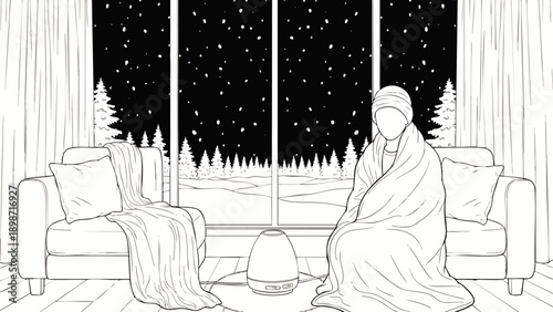 Cozy winter scene: person wrapped in blanket on sofa, diffuser, snowy night outside window