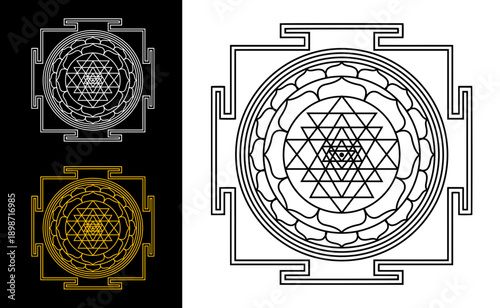Shiva Yantra Sacred Geometry Mandala Black and White Illustration. Shiva Yantra sacred geometry mandala in precise black and white line art. Spiritual symbolic illustration for meditation decor, engra