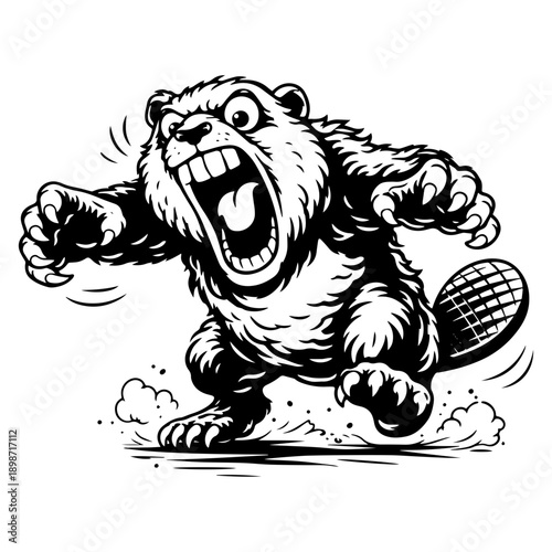 Crazy Cartoon Beaver Running with Aggressive Expression