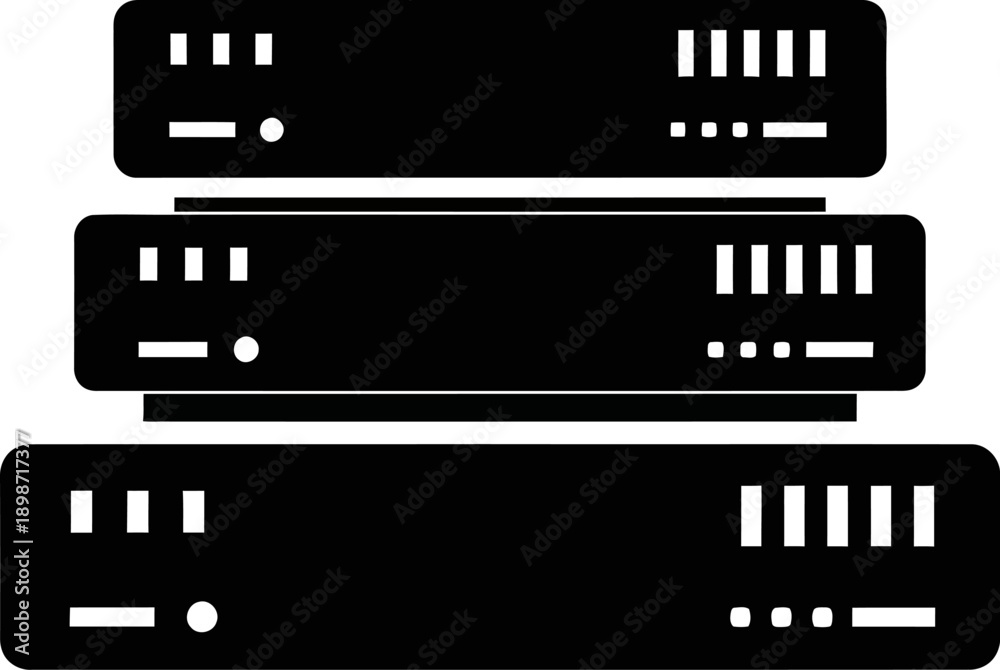 Obraz premium A stack of three black server or computer network equipment boxes with various ports