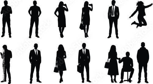 Business people silhouettes collection, men and women standing poses, professional office workers, corporate lifestyle, teamwork concept, black vector illustration set