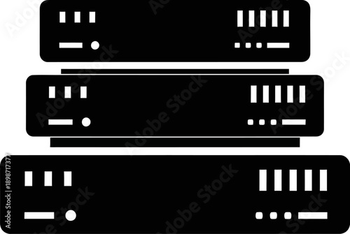 A stack of three black server or computer network equipment boxes with various ports