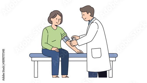 Medical checkup Illustration: a doctor taking a patient's blood pressure, in a clean and modern environment. Capturing the essence of health and wellness with a touch of professional care. 