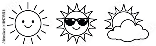 Hand drawn line art sun icons set featuring smiling faces, sunglasses, and a cloud for summer weather designs