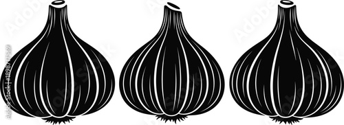 Garlic bulb silhouette illustration set, fresh organic vegetable icons, cooking ingredient design, healthy food concept, minimal black vector collection