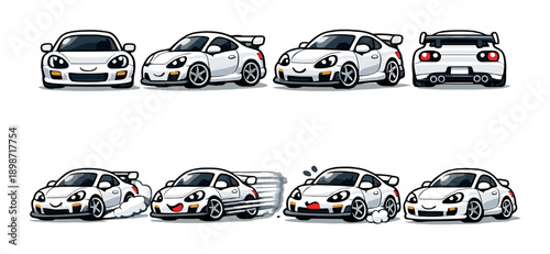 Cartoon white sports car in various driving actions and expressions