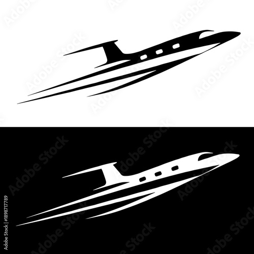 Jet Airplane Front View Logo Black and White Illustration.Stylized letter S in liquid metal street art style, black and white high contrast. Edgy logo illustration for engraving, branding and dark sur