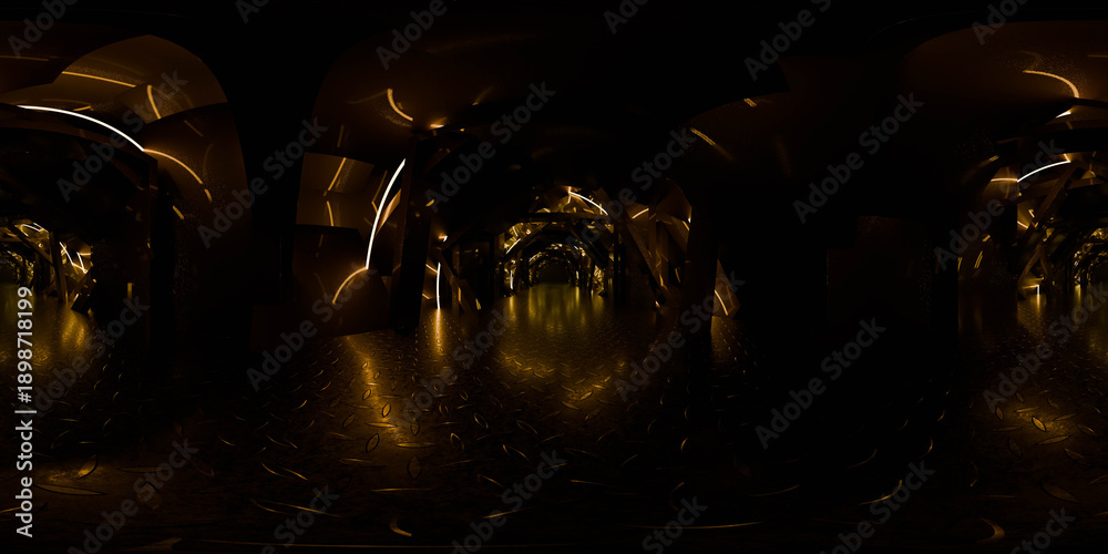 Fototapeta premium Golden industrial corridor reflection 360 vr panorama