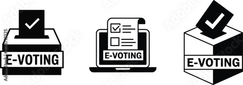 Electronic e voting icons showing ballot box laptop and online checkmark symbol for secure digital election voting system concept illustration