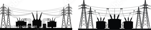Electric power substation with high voltage transmission towers silhouettes representing energy distribution infrastructure industrial engineering grid system