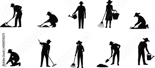 Garden work silhouettes of men and women raking digging watering plants isolated on white background landscaping vector illustration