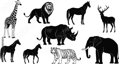 Black silhouettes of wild animals vector set, including lion elephant giraffe rhino tiger and horses, safari wildlife collection isolated on white background